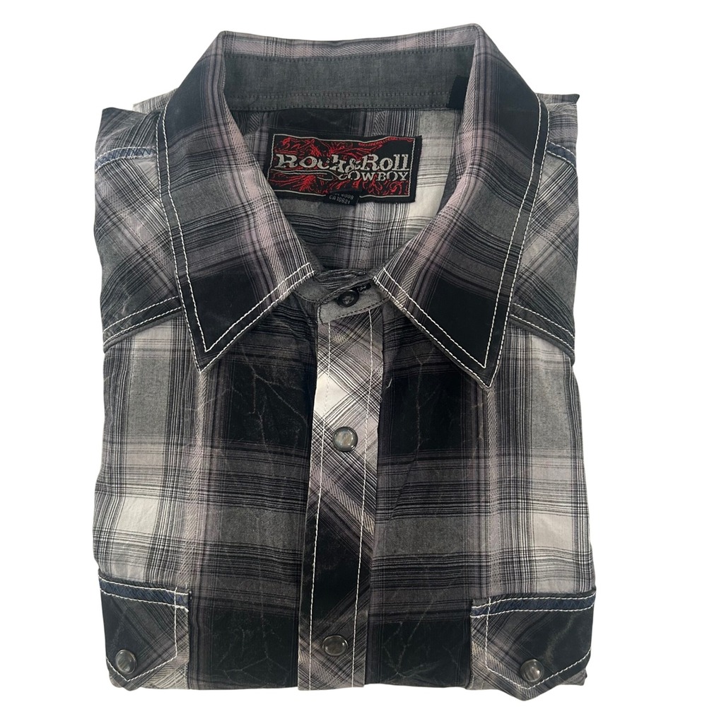 Rock & Roll Cowboy Sawtooth Pearl Snap Shirt Men's Large Black Gray Plaid‎